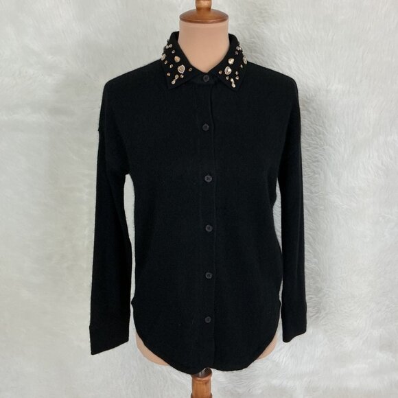 The Cashmere Project Black Cashmere Button Front Crystal Collar Sweater Shirt XS - Picture 1 of 8